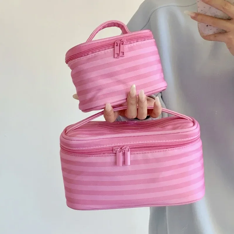 grande trousse de toilette de voyage pour femmes, organiseur de cosmétiques, étui de rangement, sac à main rose rayé tendance, sac à cosmétiques pour femmes