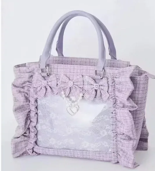 sac à main en dentelle à volants pour femmes et filles, sacoche de style japonais, fourre-tout carré avec nœud papillon en perles, sacs à main portables initiés