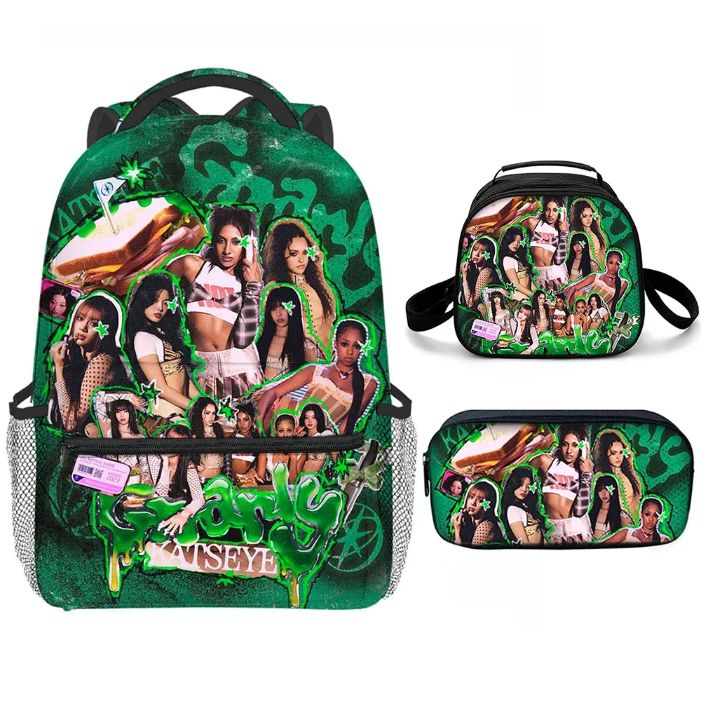 sacs d'école classiques populaires et amusants avec impression 3d katseye, 3 pièces/ensemble, sac à dos pour ordinateur portable, sac à dos de forme semi-circulaire, sac à déjeuner, trousse à crayons