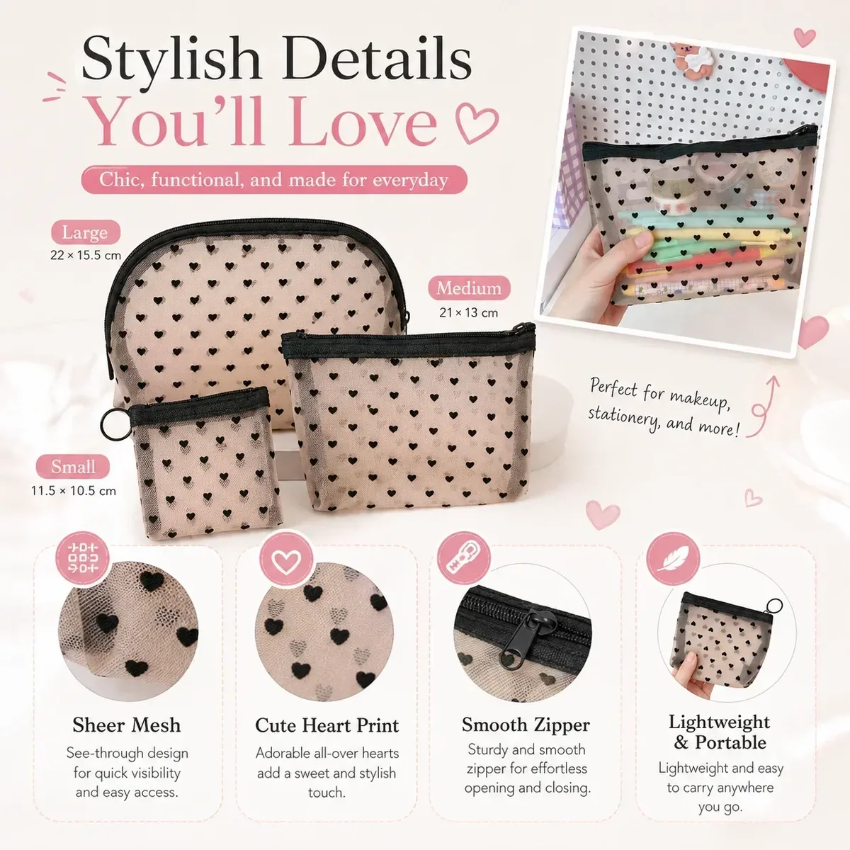sac à maquillage en maille, trousse de toilette de grande capacité avec motif cœur, organisateur de cosmétiques portable