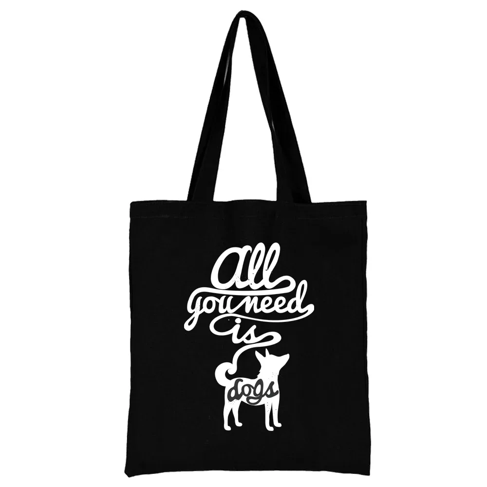 sac de shopping en toile noire pour femmes, fourre-tout décontracté réutilisable, sac à bandoulière à motif blanc imprimé, sac à main pliable de grande capacité