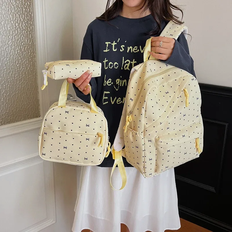 sac à dos en nylon à pois avec boîte à lunch et trousse à crayons, ensemble de sacs à livres pour étudiants, grande capacité pour adolescentes, filles et femmes, 3 pièces