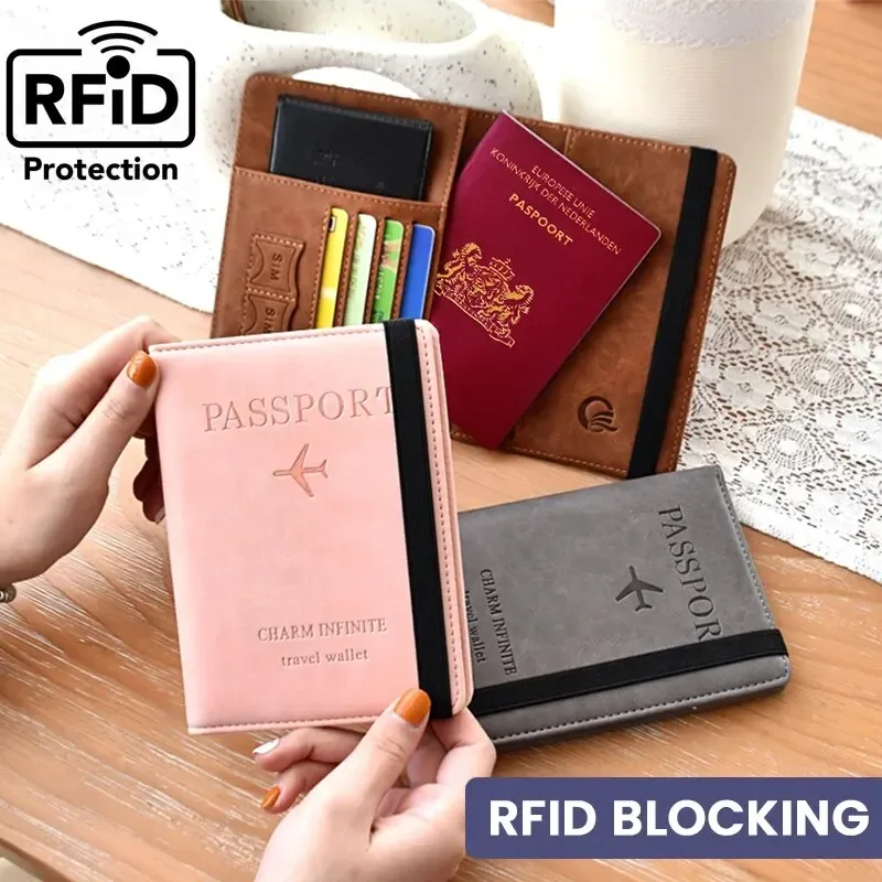 Porte-passeport RFID en cuir PU pour hommes et femmes, porte-cartes, étui à passeport, essentiels de voyage pour les vacances en famille