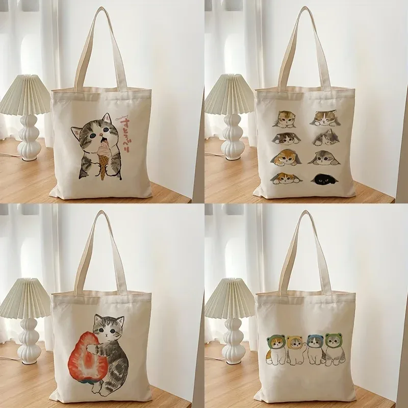 Sacs à bagages chats mignons, 1 pièce, sac de Shopping Vintage en toile de dessin animé Harajuku, sacs à bandoulière amusants pour femmes, cadeaux Kawaii pour enfants
