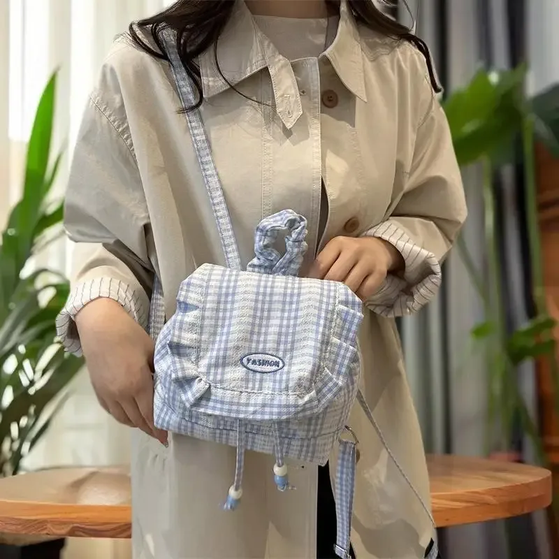 sac à nœud de grande capacité, sac à dos fonctionnel en toile à carreaux en dentelle de style coréen pour les voyages et les livres