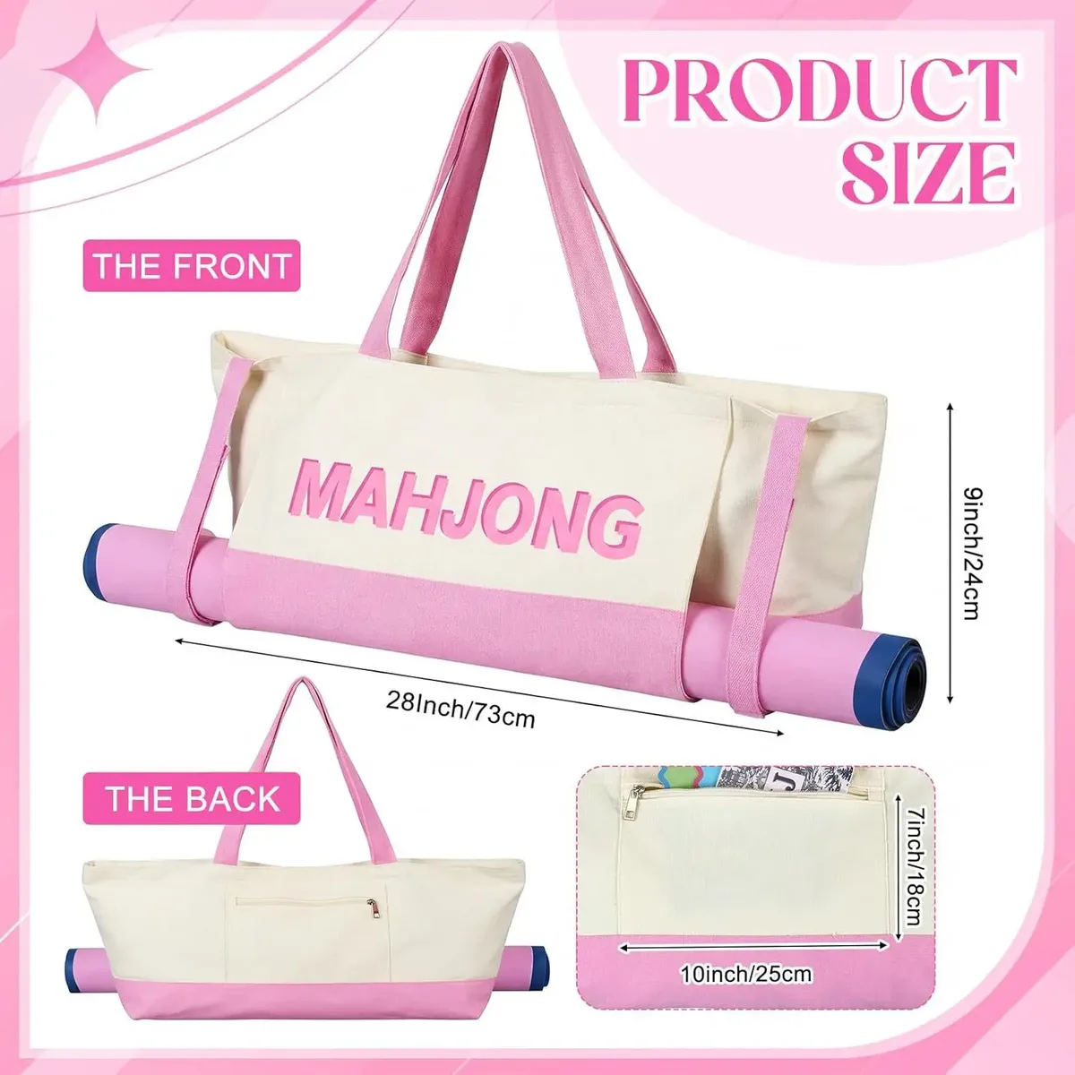 sac fourre-tout en toile, sac de transport portable pour tuiles de mahjong, sac à main pour tapis de yoga, sac à bandoulière de voyage, cadeau d'anniversaire ou de vacances pour femmes