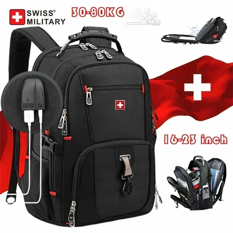 Sac à dos pour ordinateur portable SWISS 17' imperméable avec port de charge USB, sac à dos multifonctionnel de style suisse, cartable, sac de randonnée, sac de voyage