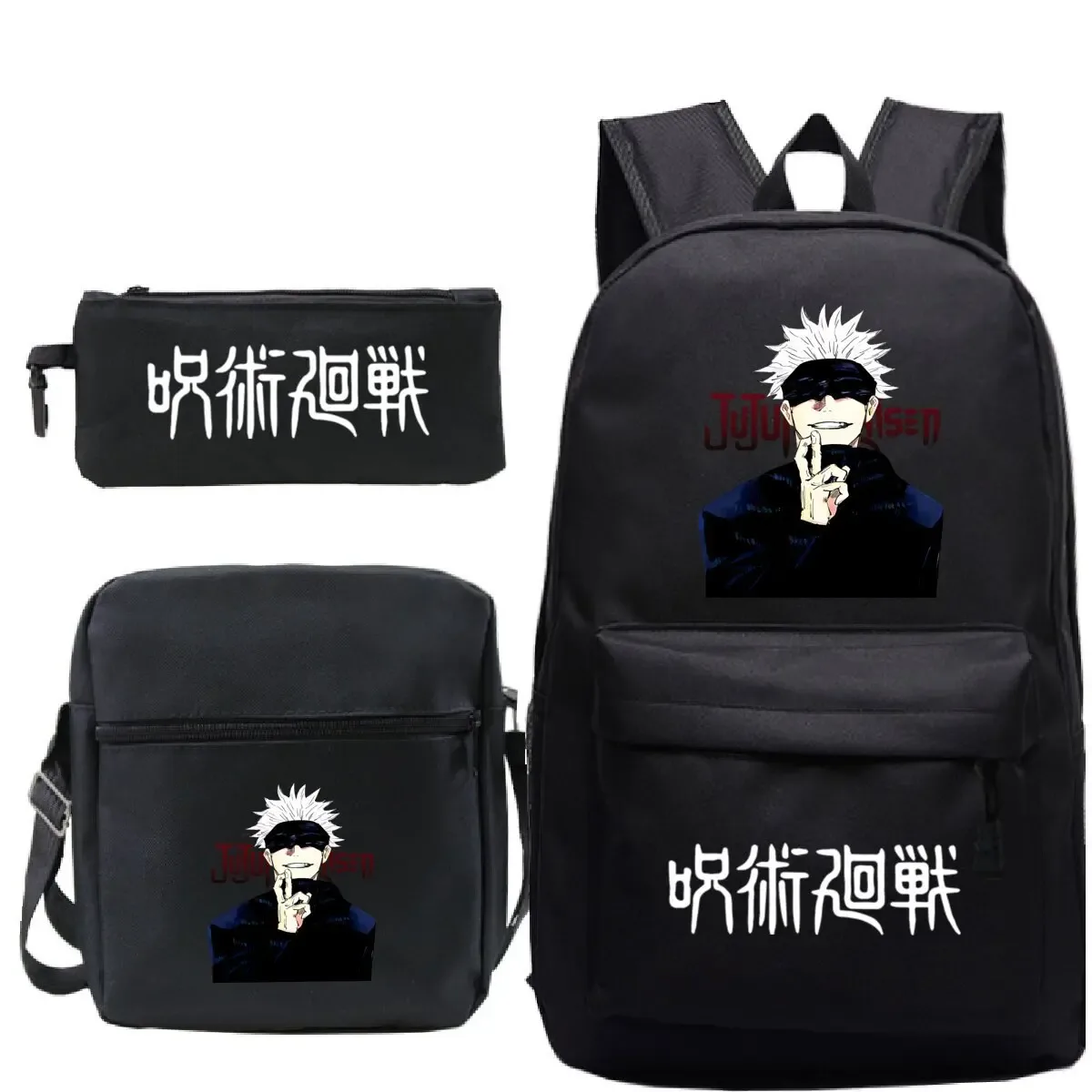 jujutsu kaisen sac à dos 3 pièces ensemble filles garçons sacs d'école noir cartable anime satoru gojo sac à dos pour ordinateur portable avec sacs à bandoulière