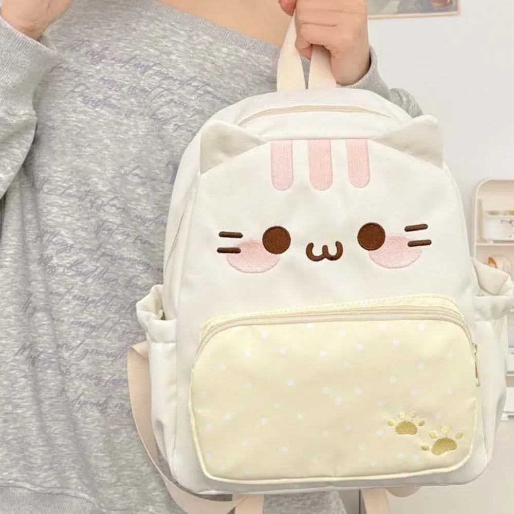 sac à dos pour chat de style japonais, grande capacité, design avec oreilles 3d, sac à dos kawaii, tons pastels, léger, motif à pois.