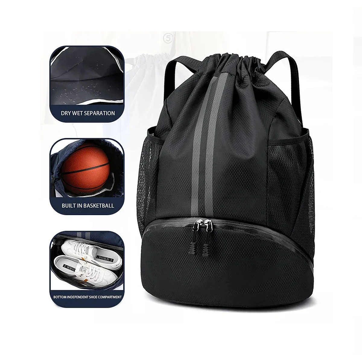 sac à dos de basketball avec cordon de serrage et compartiment à chaussures, sac de sport à séparation humide/sec pour la natation, l'entraînement et le fitness
