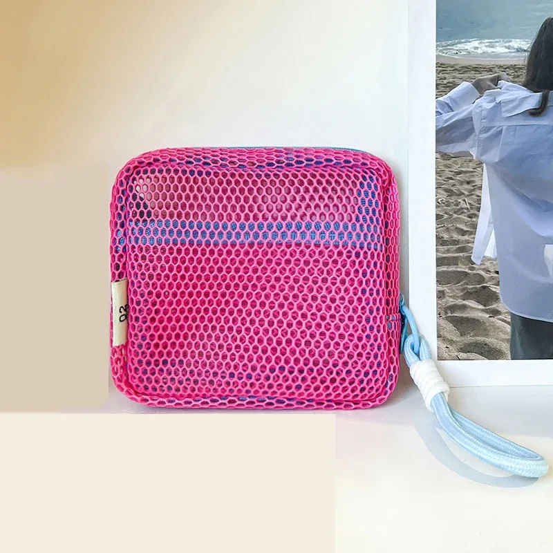 petite pochette de plage en maille transparente, trousse de toilette avec dragonne amovible, organiseur de voyage pour crème solaire, clés, câbles