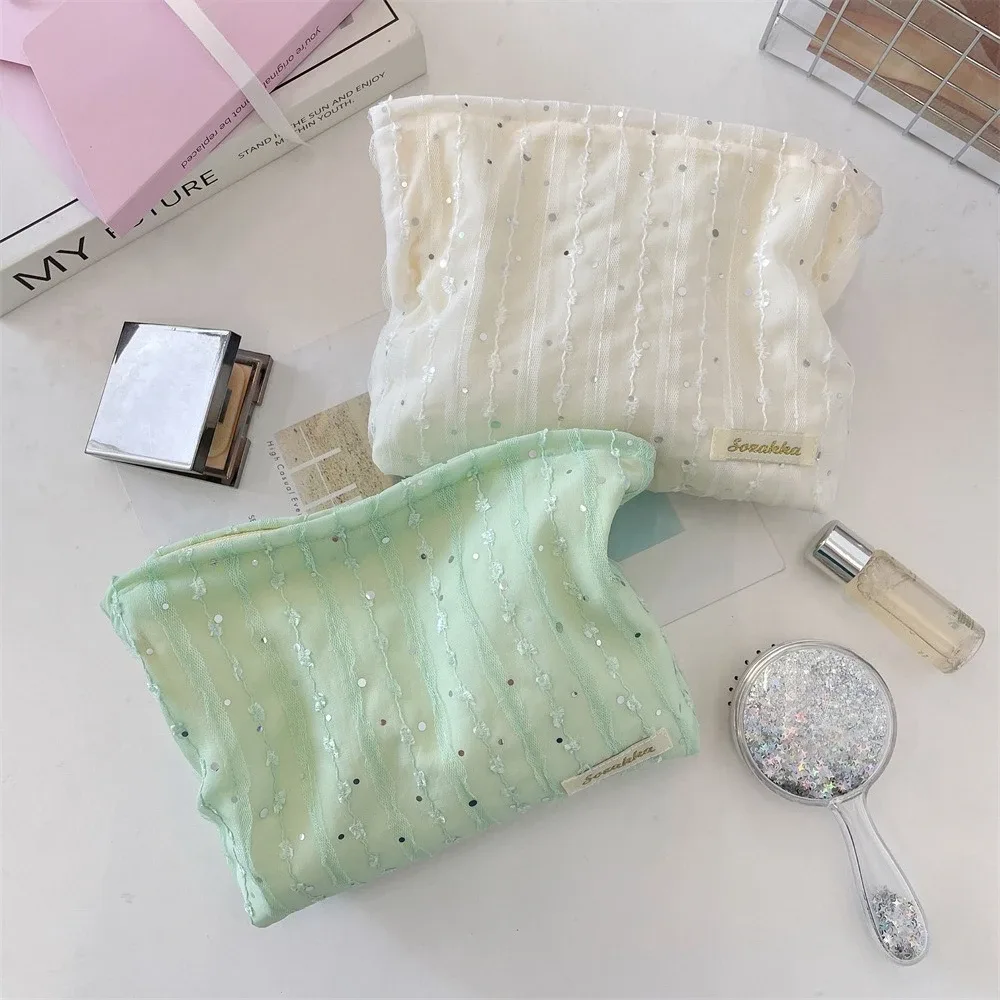 sac à cosmétiques à paillettes rayées en dentelle, trousse de toilette de voyage portable, organisateur de cosmétiques de lavage, sac de rangement de maquillage