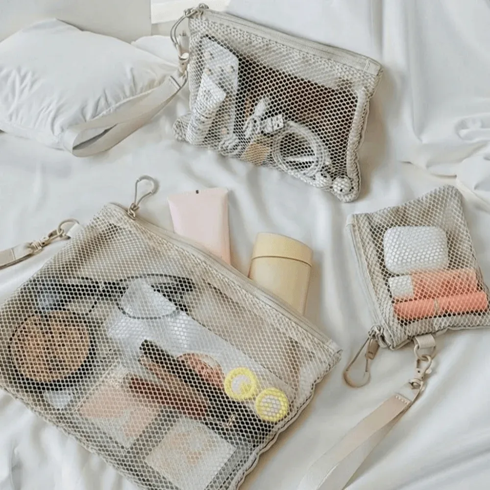 Sac de rangement en maille légère avec fermeture éclair, trousse de toilette en Polyester, couleur unie, sac à cosmétiques multifonctionnel, usage polyvalent