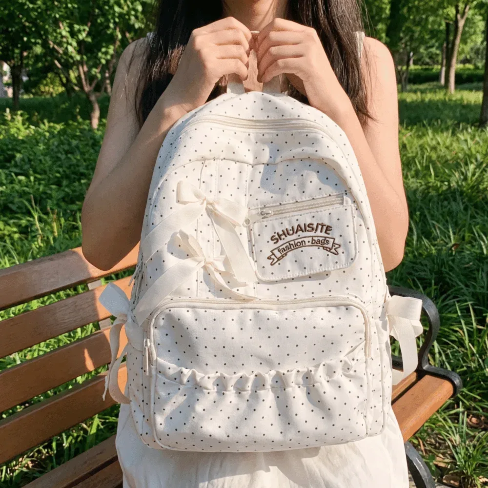 Sac à dos en nylon à pois avec nœud, grande capacité, fermeture éclair, sac d'école multi-compartiments, doublure en polyester, sac à dos de voyage pour l'extérieur