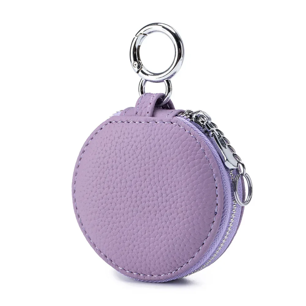 sac de rangement rond en cuir véritable pour femmes, sac rond pour rouge à lèvres souple, sac pour écouteurs avec miroir, sac porte-clés pendentif de grande capacité