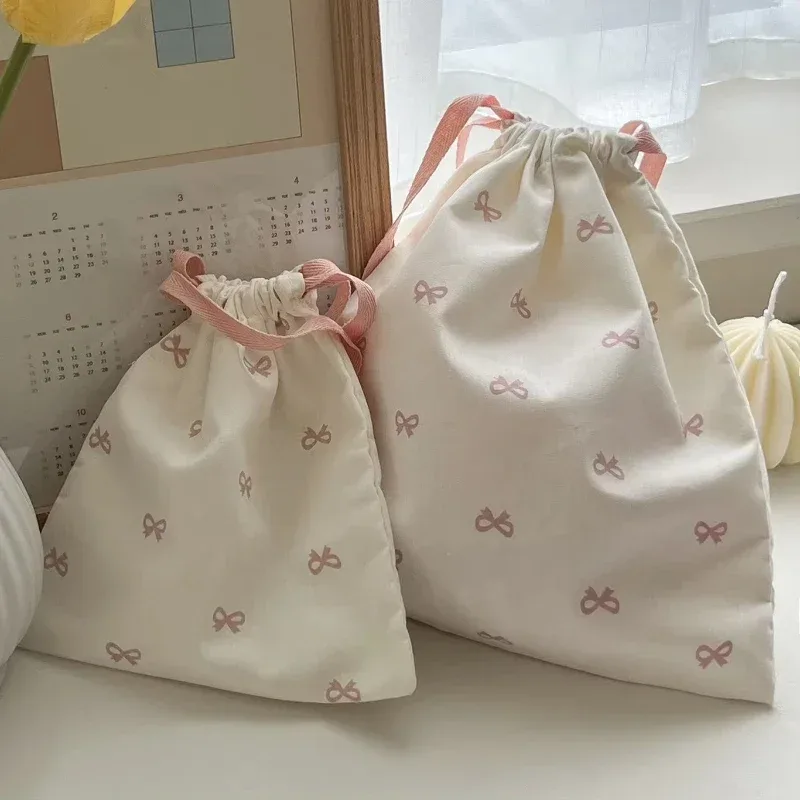 sac de rangement coréen à cordon imprimé avec nœud mignon, sac à cosmétiques portable pour filles, organisateur de maquillage de voyage pour femmes, pochette à main