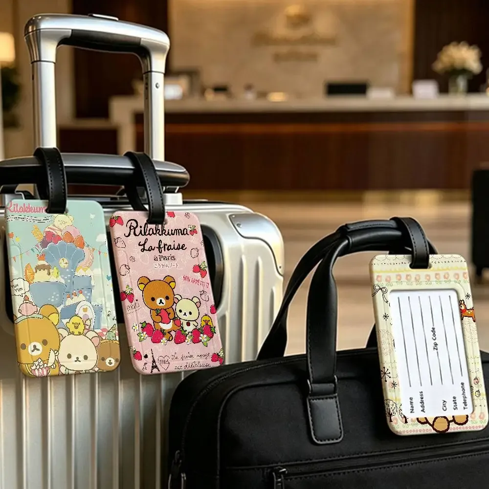 étiquette de bagage de voyage rilakkuma mignonne en dessin animé, étui en pvc pour carte d'information, marqueur de nom anti-perte pour sac à dos.