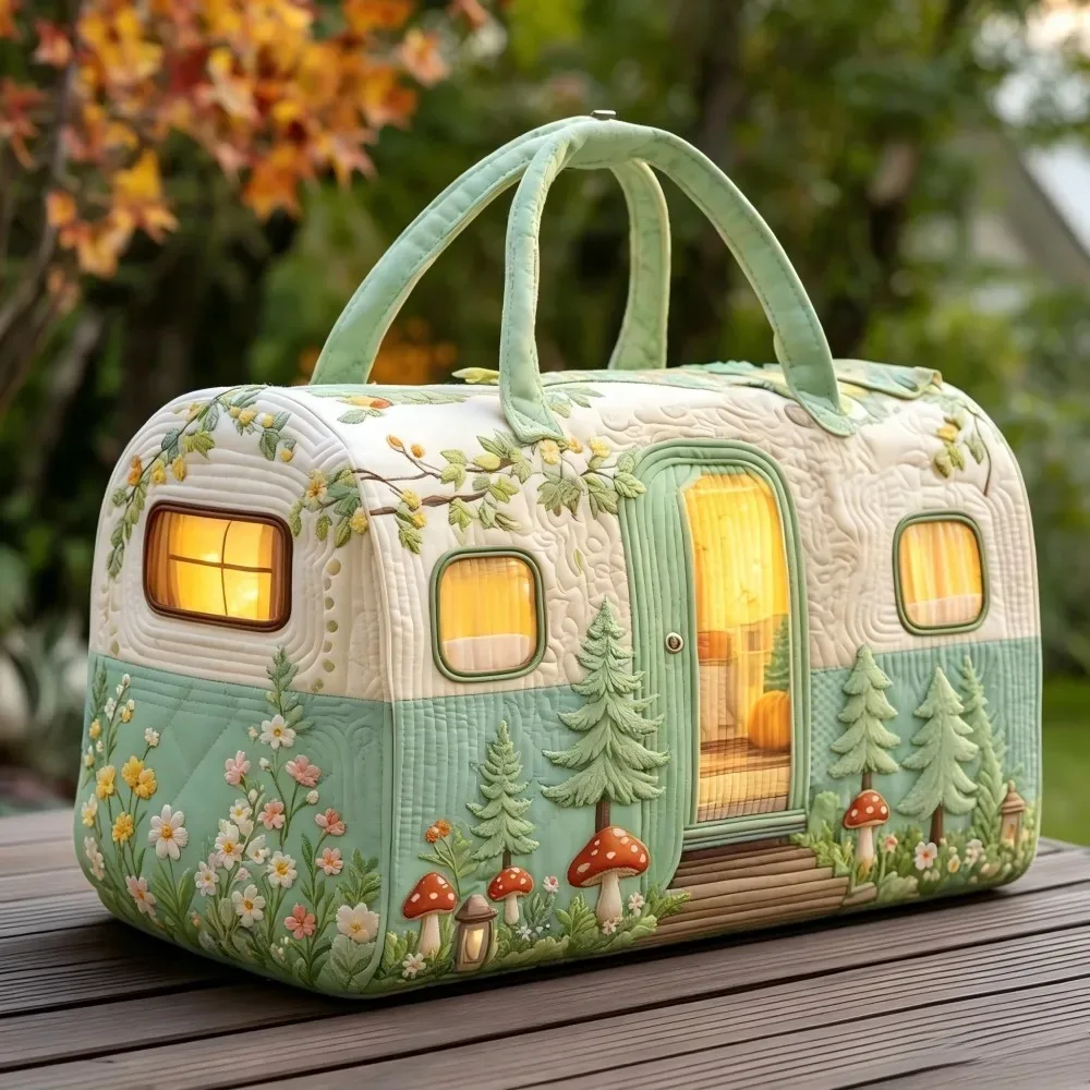 sac à main matelassé vintage de noël pour femme, motif camping-car, broderie 3d neige, citrouille, pin, lanterne, grande capacité, sac de voyage
