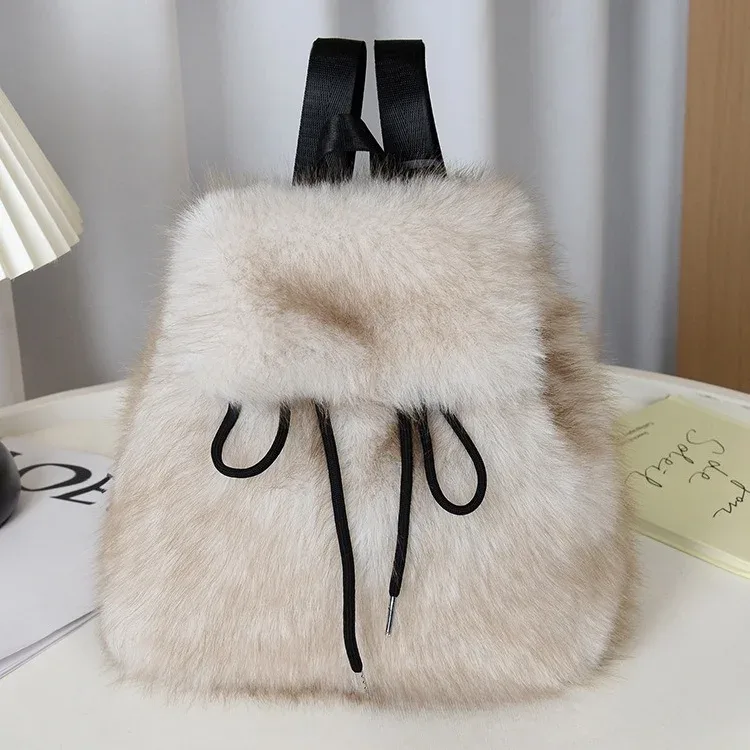 y2k sac à dos en peluche femmes petit mignon cordon léopard moelleux sac solide doux polaire sac à dos hiver chaud fausse fourrure mini sac à dos