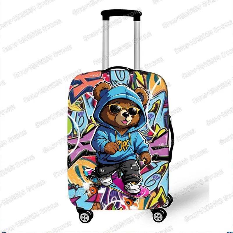 housse de valise élastique hip hop avec motif graffiti bear skateboarding et éclaboussures de peinture, protection pour valise à roulettes