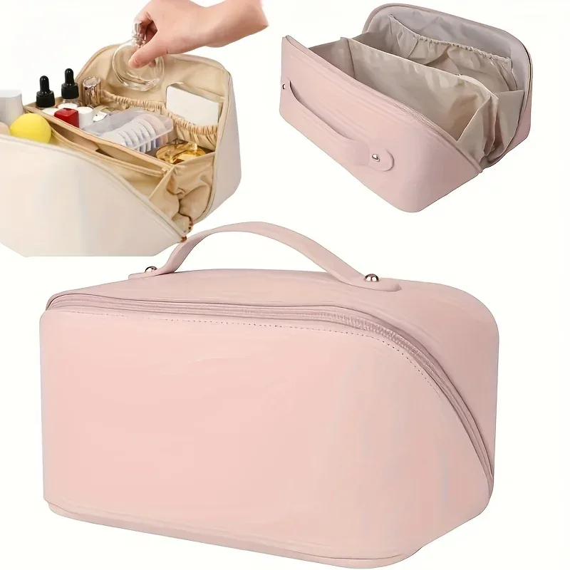 sac de voyage extensible de grande capacité conforme aux normes tsa - trousse de maquillage et de toilette avec compartiments zippés, aspect rose, adapté aux femmes, à la salle de sport, aux voyages d'affaires et aux vacances, design extensible, avec poignée robuste, motif texturé dentelé