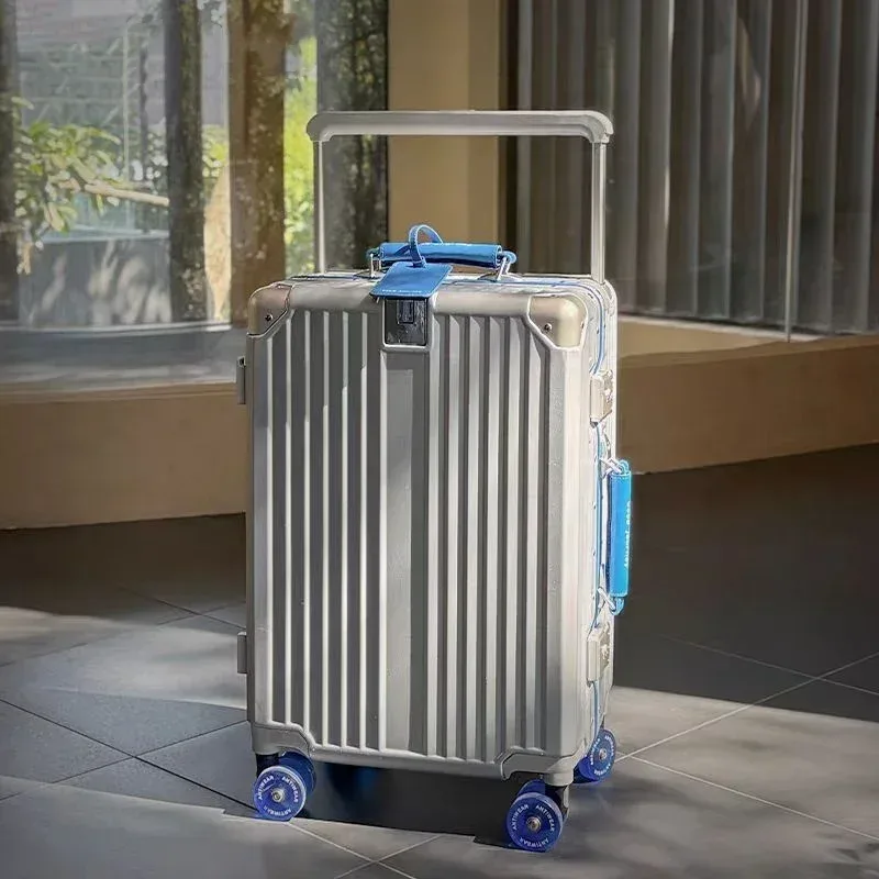 bagage roulant à guidon large avec cadre en aluminium, avec roues pivotantes silencieuses colorées et serrure tsa, valise à roulettes de grande capacité