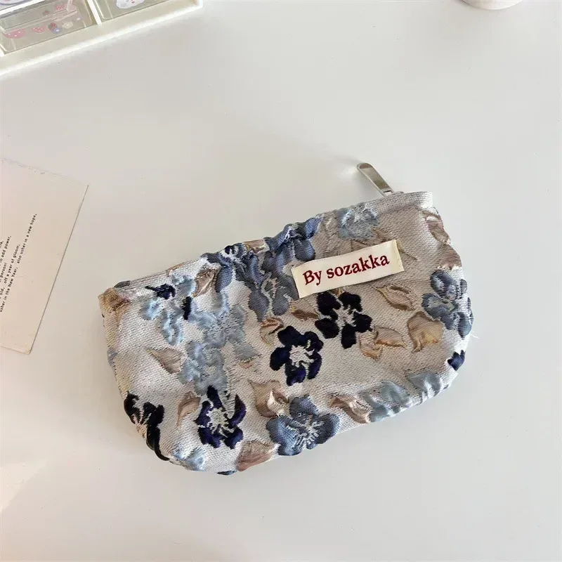 trousse de maquillage imprimée de fleurs 3d pour femmes, petit sac cosmétique, pinceaux de maquillage, rouge à lèvres, trousse de rangement mignonne, style coréen
