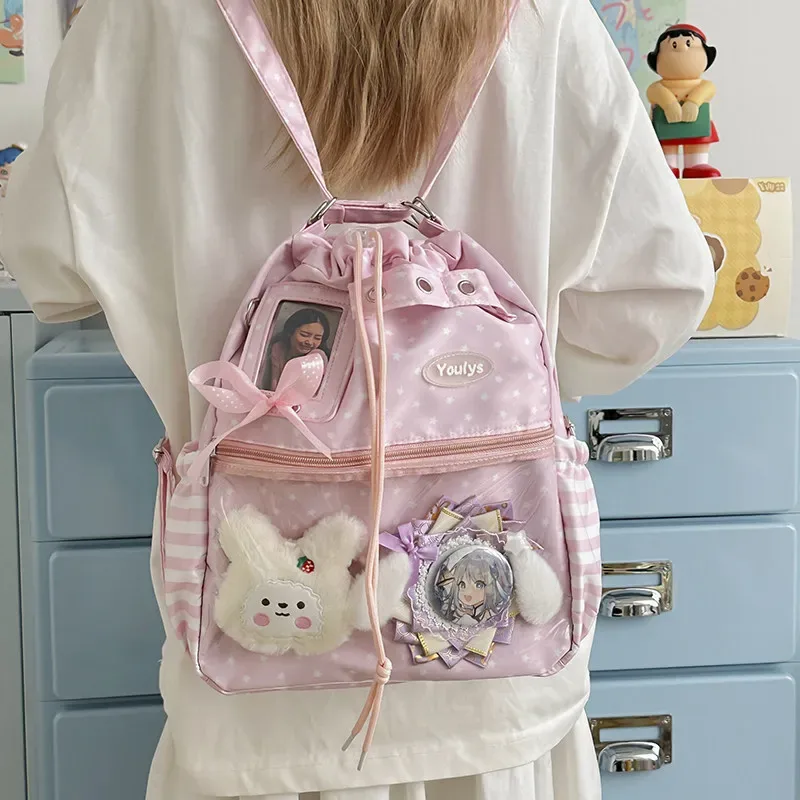 sac à dos ita mignon à pois avec cordon de serrage et poche transparente pour pince, sac multifonctionnel pour l'école, les trajets et les sorties