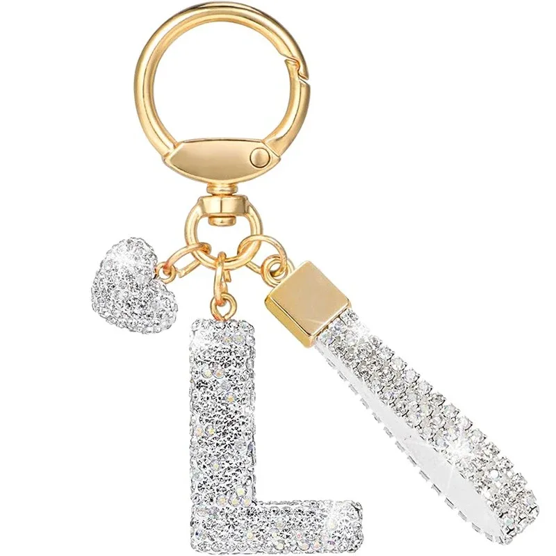 porte-clés avec lettres blanches brillantes, alphabet a-z pour porte-clés de voiture/sac à dos et cadeau avec lanière ajoutée