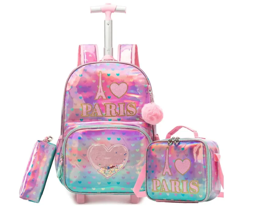 ensemble de sacs à dos à roulettes pour filles, chariot de voyage de 16 pouces, sac à dos à roulettes, sac à déjeuner, sac à stylos, sacs à roulettes d'école 3 en 1