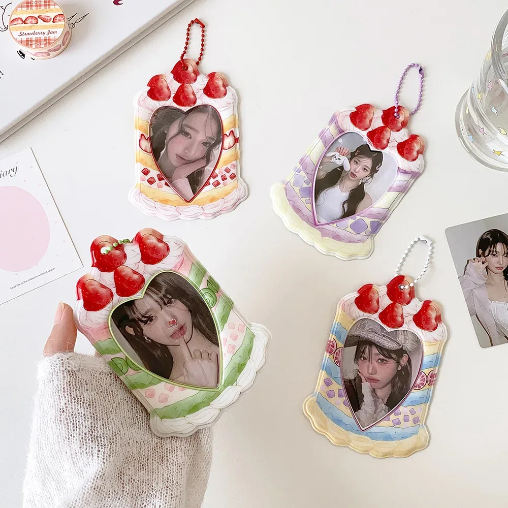 porte-cartes kpop 3 pouces, motif gâteau fraise mignon, protège-cartes cœur, pendentif sac portable, décor sac à dos, porte-clés, étui pour cartes
