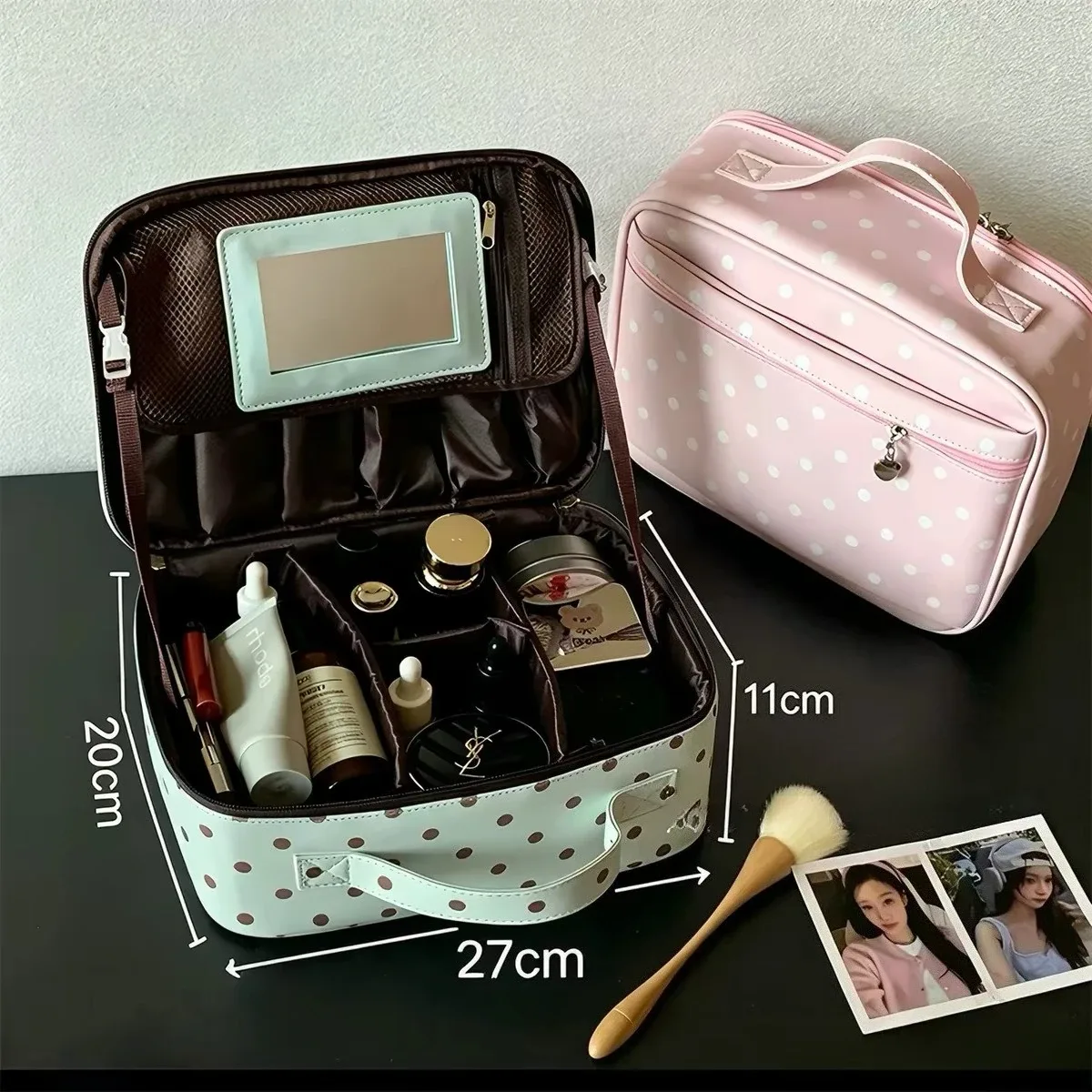 grande trousse de maquillage à pois pour femmes, sac de voyage pliable en forme de cube, trousse de toilette p