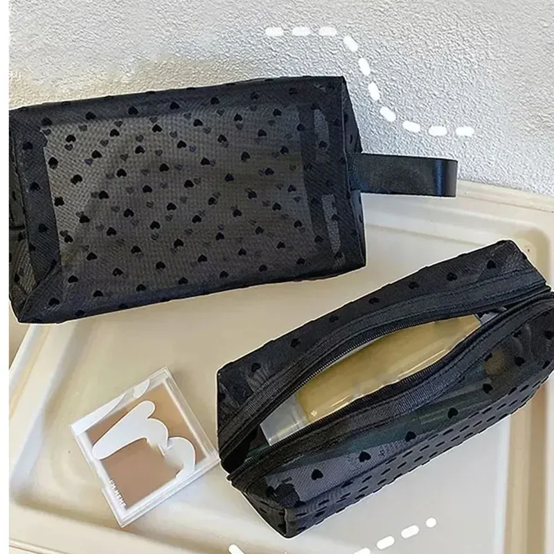 neceser noir coeur voyage sac cosmétique mode maille petit grand sac de toilette pochette de rangement de maquillage sac cosmétique à fermeture éclair transparente