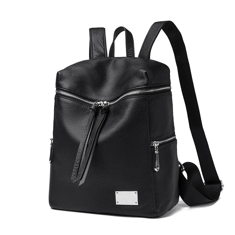 sac à dos noir en cuir véritable, sac pour femme en cuir de vache de style simple, sac à bandoulière simple et double, sac de travail et de shopping