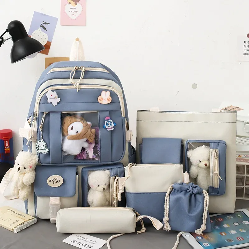 sacs d'école mignons kawaii pour filles, rose, bleu, vert, ensembles de 5 pièces, sac à dos étanche pour femmes, cartable décontracté coréen, mode 2023