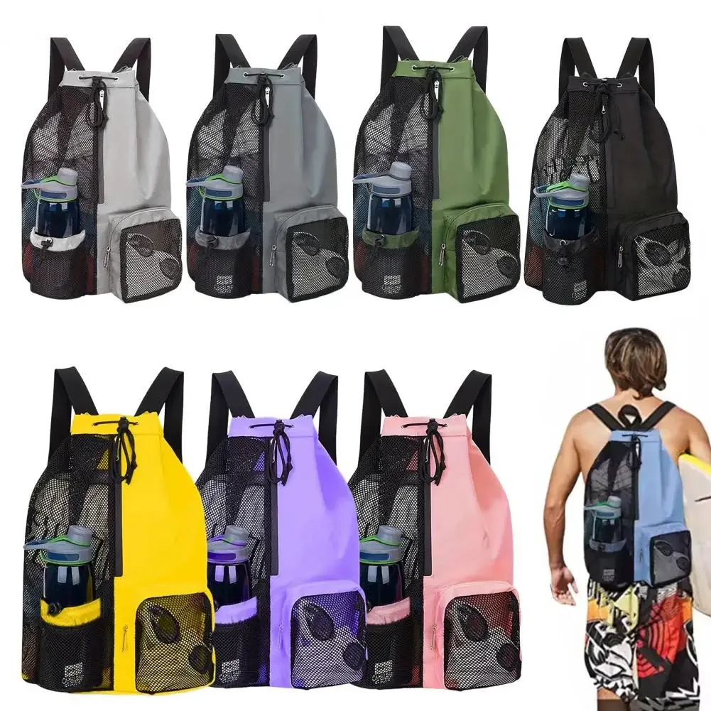 Sac à dos en filet, sac de natation à cordon, sac à dos avec poche pour vêtements mouillés, sac de rangement de plage, sac de pêche en plein air