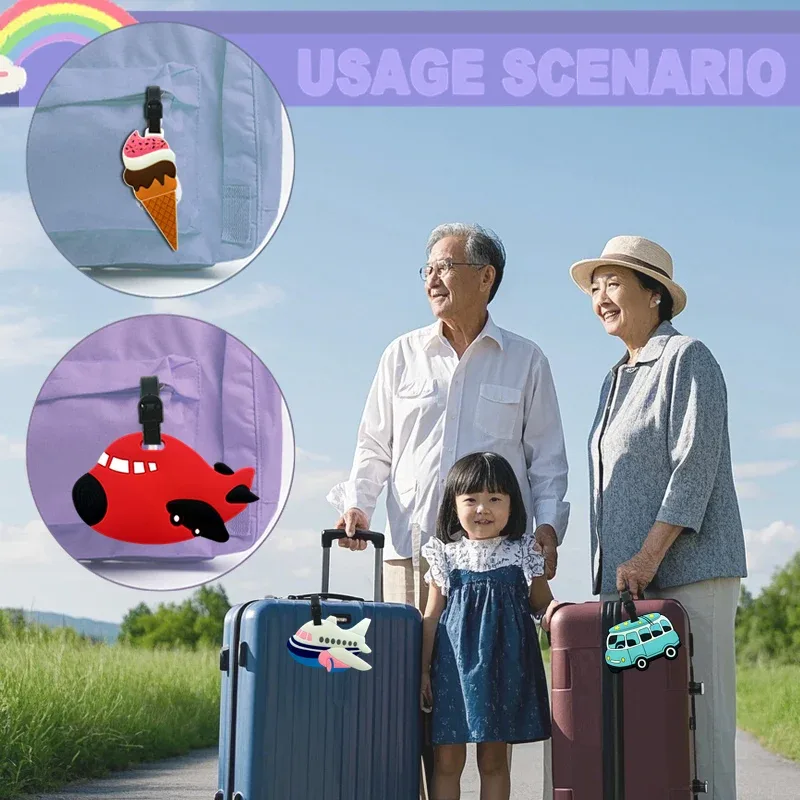 étiquette de bagage en forme de crème glacée mignonne, conception d'image de dessin animé pour enfants et filles, document de voyage et clip d'adresse en pvc durable, adapté