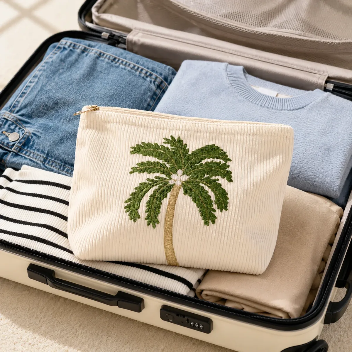 pochette de maquillage en velours côtelé brodée de palmiers tropicaux, trousse de toilette souple à fermeture éclair pour femme, organiseur de voyage pour vacances à la plage