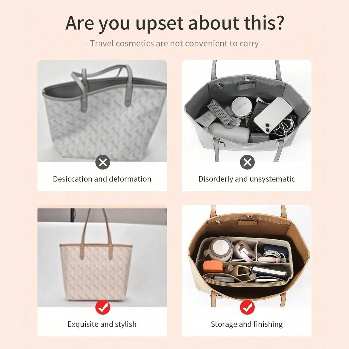 organisateur de sac fourre-tout en feutre, sac de rangement intérieur avec doublure, anti-déformation, insert intérieur multi-poches pour un rangement classifié