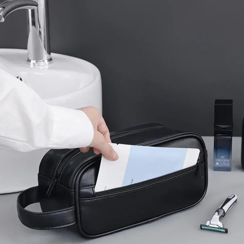 sac de lavage en cuir pour hommes, sac de voyage, voyages d'affaires, sac à cosmétiques portable, grande capacité, conception multi-poches, sac de lavage en cuir