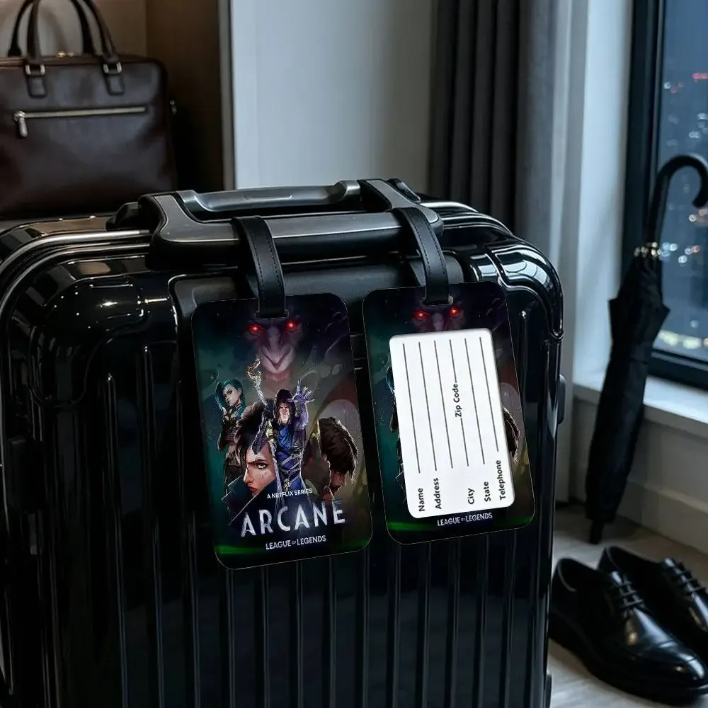 étiquette de bagage en pvc anime a-arcane avec carte d'information, étiquette anti-perte pour valise, sac à dos, accessoire de voyage