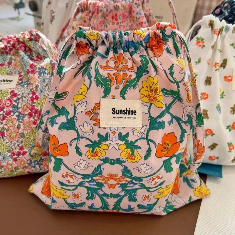 sac de rangement de voyage à proximité extérieure, sac de rangement classé, sacs à cosmétiques à fleurs imprimées, paquet de poche en ficelle de coton