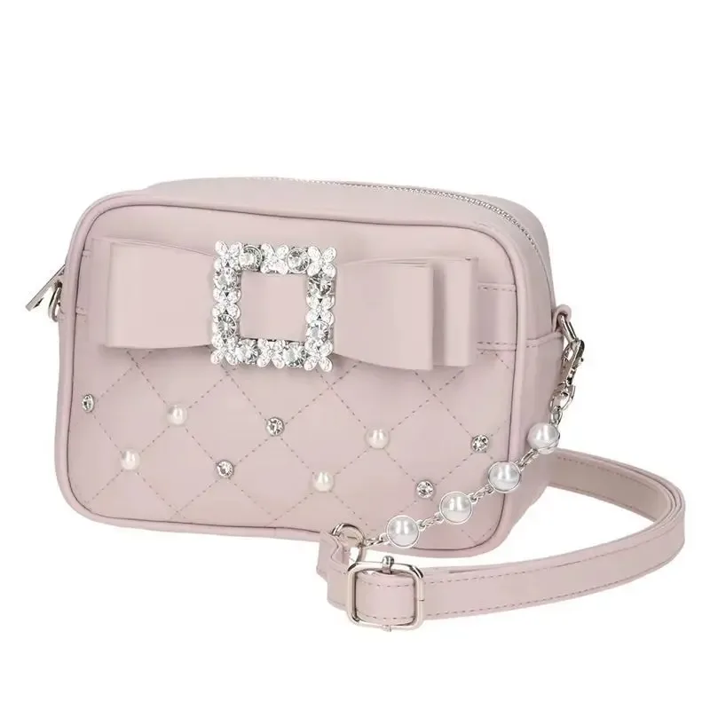 petit sac carré japonais avec nœud en diamant pour femmes, sacoche y2k avec perles et perles, mini sac à bandoulière pour filles