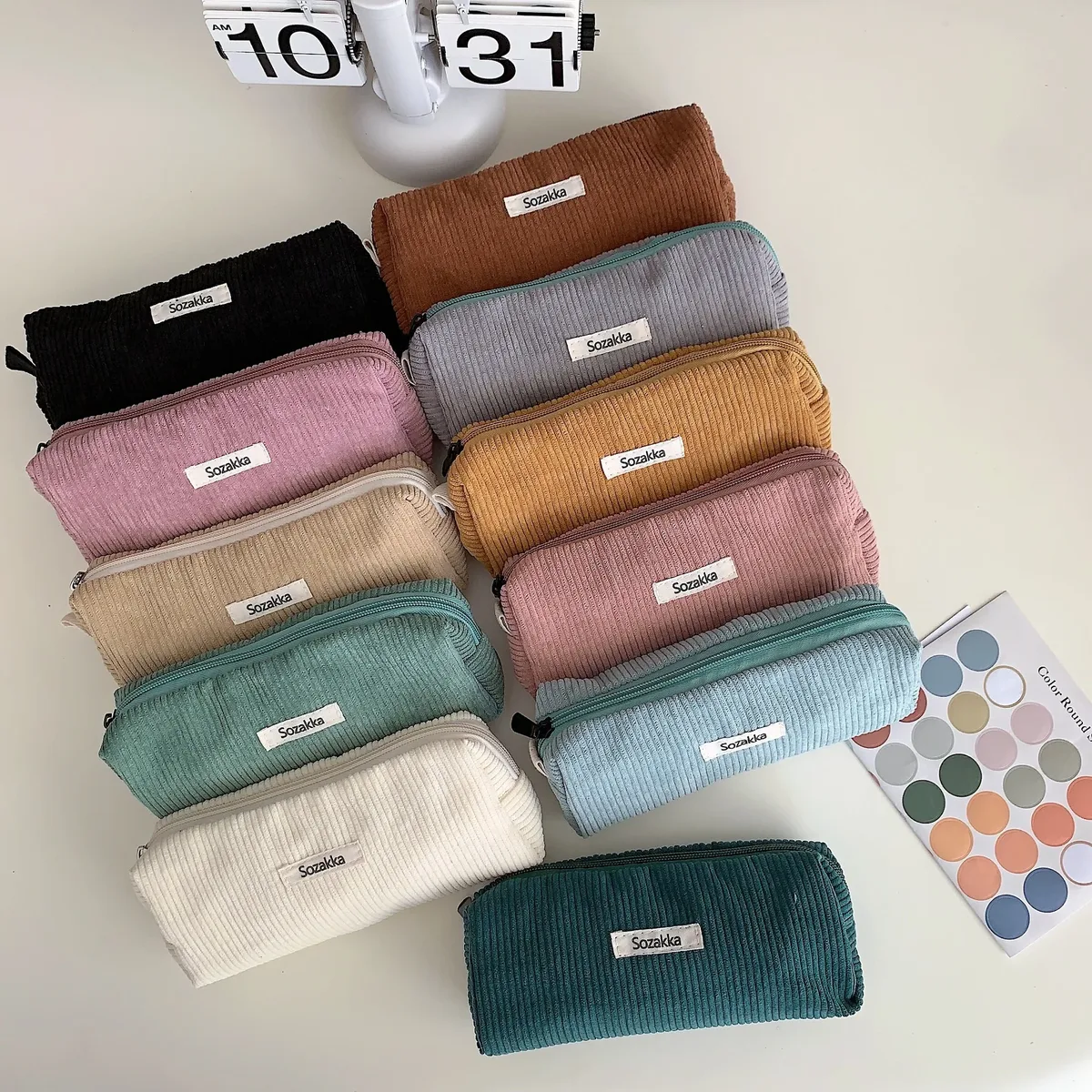 Sac à stylos rétro en velours côtelé de couleur unie, boîte à crayons pour étudiants, pochette à crayons, sacs à cosmétiques pour femmes, sac de maquillage, sac de rangement pour clés et rouges à lèvres