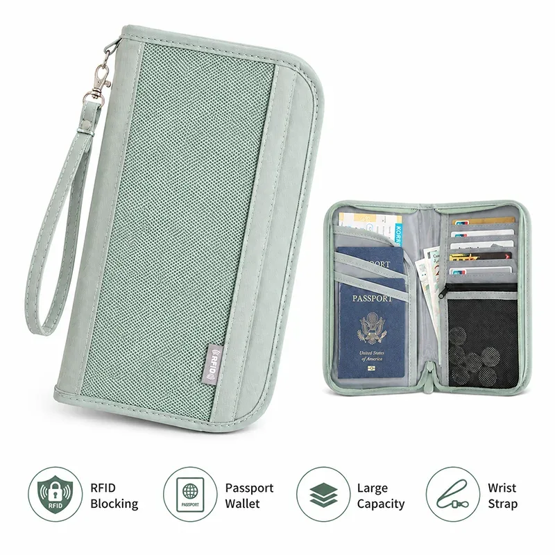 portefeuille de voyage rfid, organiseur de passeport, porte-documents, porte-cartes, pochette de rangement pour billets et argent avec dragonne pour le voyage