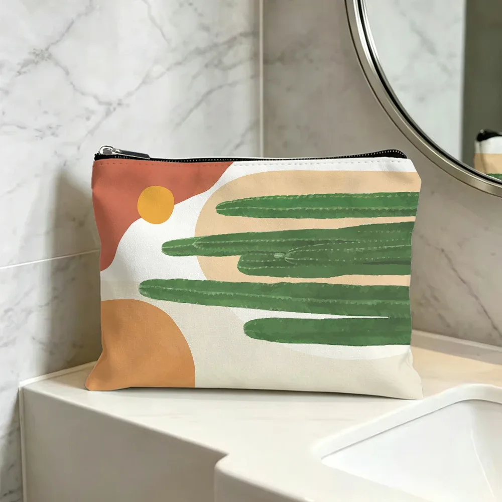 trousse de maquillage bohème en toile, motif abstrait de feuilles de plantes botaniques, pochette cosmétique minimaliste avec fermeture éclair, organisateur de toilette portable pour voyage.