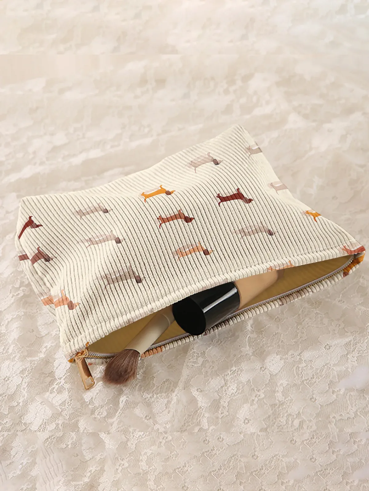 trousse de maquillage en velours côtelé à motif teckel, pochette légère à fermeture éclair, sac multifonctionnel doublé pour cosmétiques