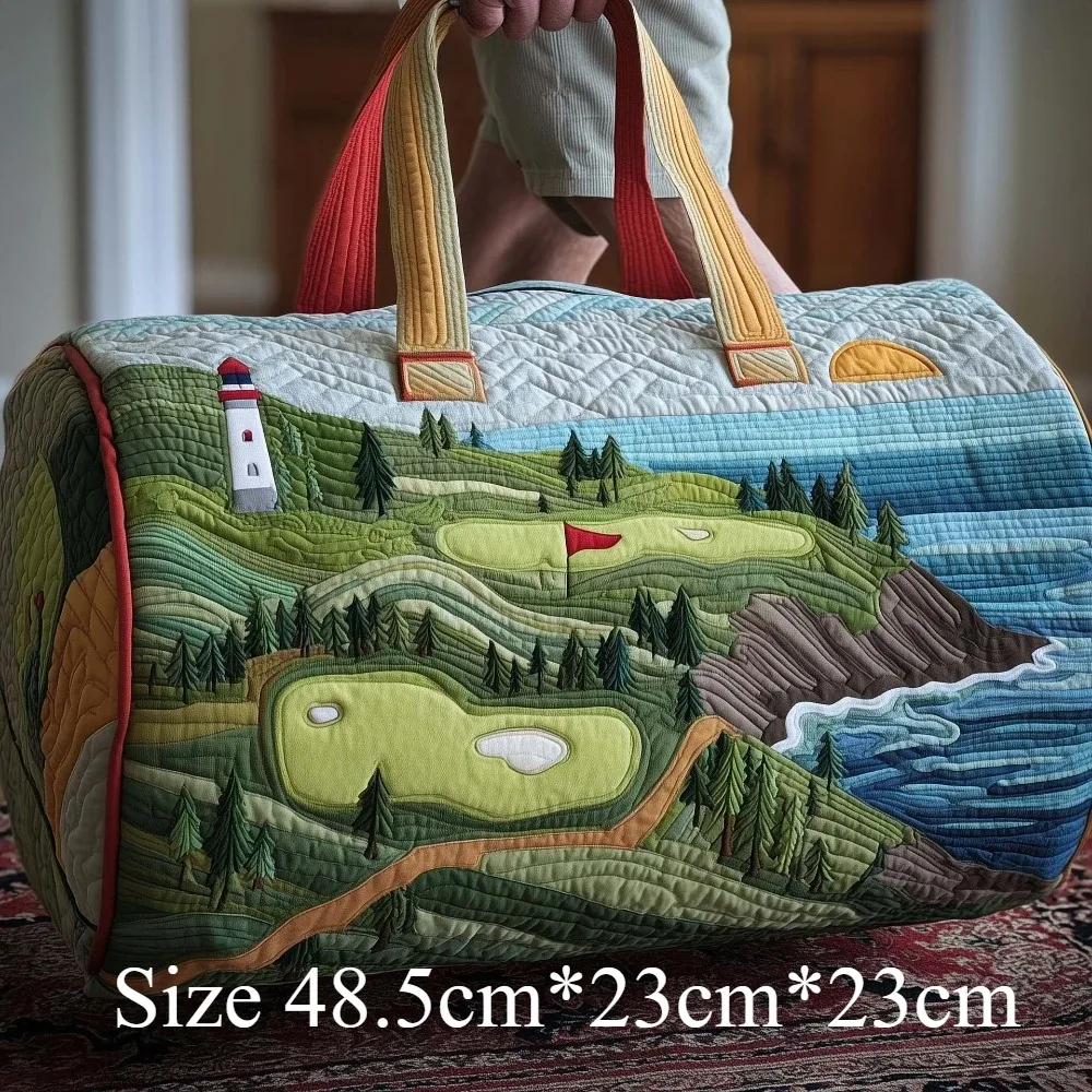 sac de voyage matelassé imprimé en 3d, paysage tropical de coucher de soleil et phare côtier, sac de voyage tendance pour la plage, la randonnée et le camping