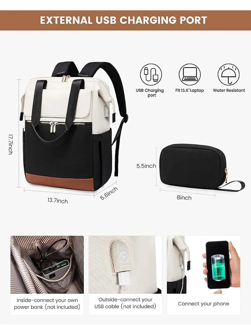 sac à dos pour ordinateur portable de 15,6 pouces pour femmes avec port usb, sacs à bandoulière tendance, sac à main, sac à dos de voyage imperméable avec sac organisateur