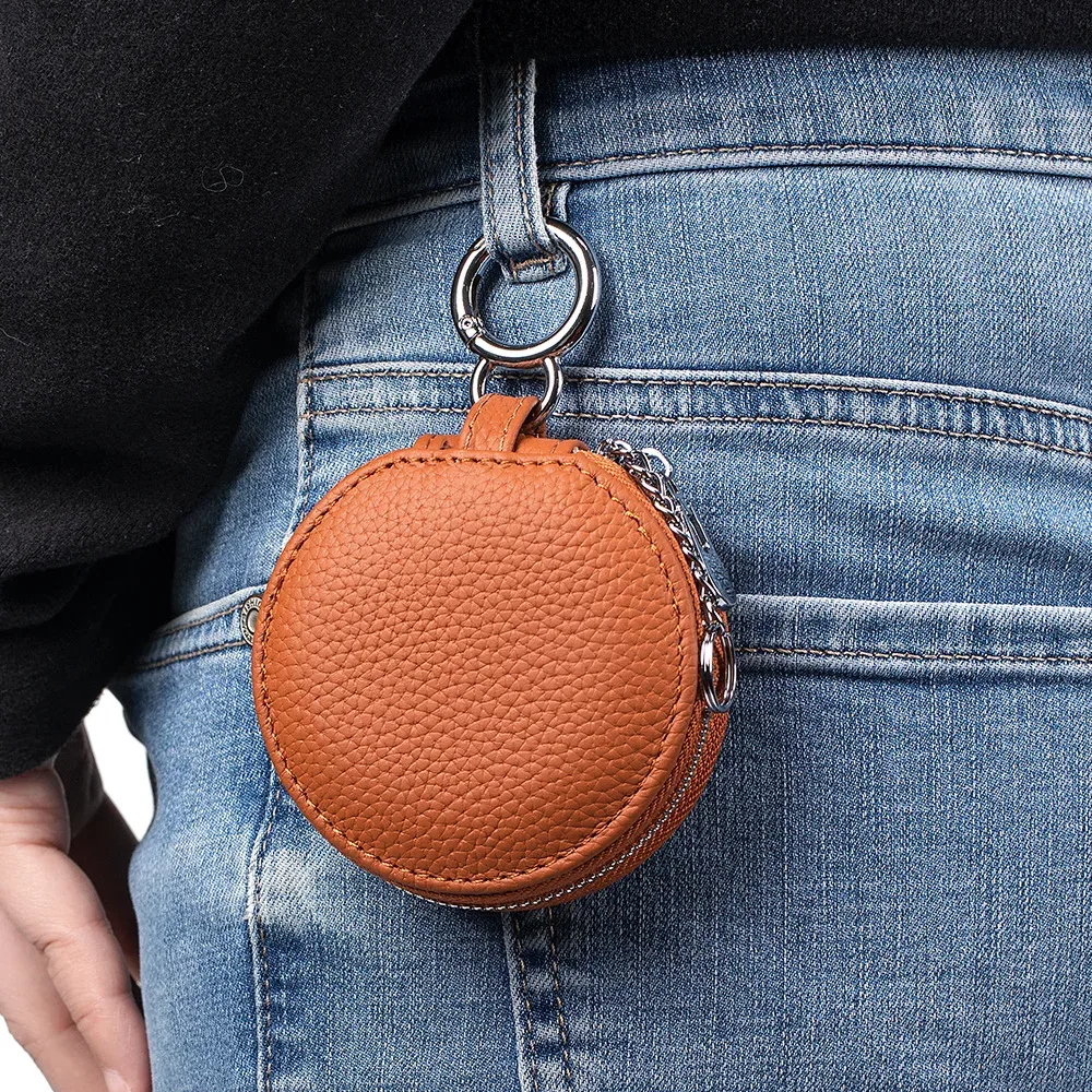sac de rangement rond en cuir véritable pour femmes, sac rond pour rouge à lèvres souple, sac pour écouteurs avec miroir, sac porte-clés pendentif de grande capacité
